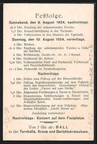AK Penzig /O. L., Oberlausitzer Turnfest / Gründungsfeier des Alten Turnvereins 1924, Turner-Signet, rücks. Festprogramm