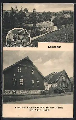 AK Schwenda, Gast- und Logierhaus zum braunen Hirsch A. Ulrich, Ortsansicht, Hirsch