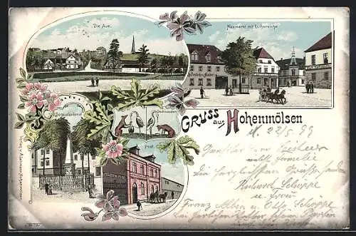 Lithographie Hohenmölsen, Neumarkt mit Luthereiche, Post, Stadtwappen, Siegesdenkmal