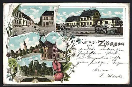 Lithographie Zörbig, Bahnhof, Kurzestrasse, Schloss, Kaiserl. Postamt