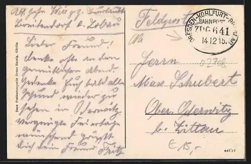 AK Breitendorf i. Sa., E. Wagners Warenhandlung, Berg Bitschin, Schule