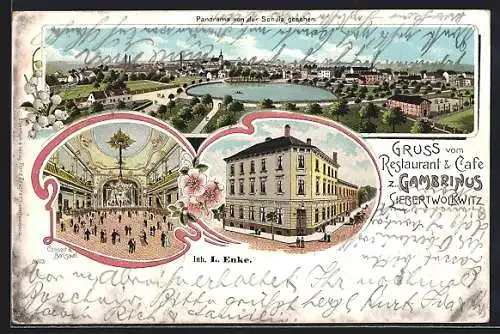 Lithographie Liebertwolkwitz, Panorama von der Schule aus, Restaurant & Café zum Gambrinus