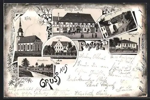 Lithographie Ponitz / Thür., Etlings Gasthof, Tanzsaal, Schloss, Pleissenbrücke, Kirche