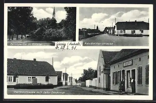 AK Görzig /Anhalt, Strasse, Gartenstrasse mit Jahn-Denkmal, Teichpartie mit Kirche