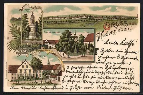 Lithographie Hedersleben / Wegeleben, Kloster, Platz am Denkmal, Kriegerdenkmal, Panorama