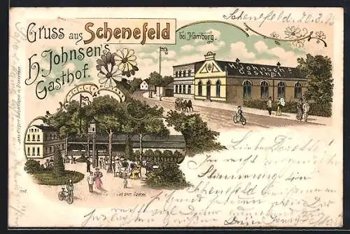 Lithographie Schenefeld / Hamburg, H. Johnsens Gasthof mit Garten