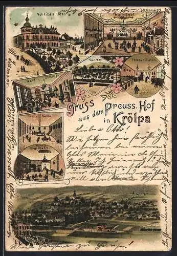 Lithographie Krölpa, Gasthaus Preuss. Hof, Scheibes Hotel, Baillsaal