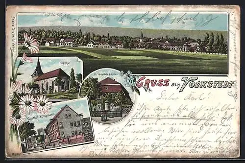 Lithographie Volkstedt / Eisleben, Gasthof Honigmann, Kirche, Kriegerdenkmal