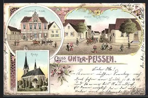Lithographie Unter-Peissen / Bernburg, Strasse nach Bernburg, Geschäftshaus v. A. Harth, Kirche