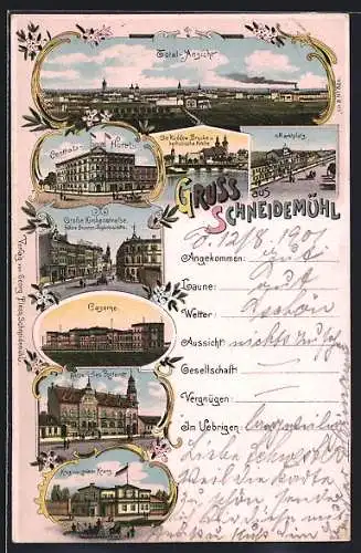 Lithographie Schneidemühl, Central-Hotel, Gasthaus Krug zum grünen Kranz, Grosse Kirchenstrasse