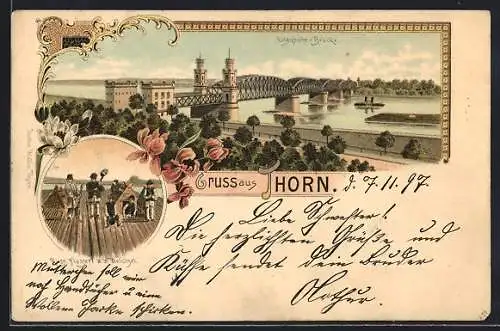 Lithographie Thorn / Torun, Eisenbahn-Brücke, Russ. Flösser auf der Weichsel