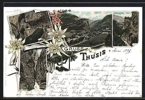 Lithographie Thusis, Via Mala, Verlorenes Loch, Partie zur Brücke
