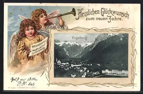 Lithographie Engelberg, Ortsansicht gegen die Berge, Neujahrsengel mit Fanfare