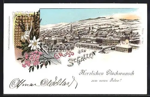 Winter-Lithographie St. Gallen, Panorama der Stadt