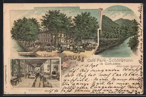 Lithographie Karlsbad, Cafe Park-Schönbrunn, Veranda