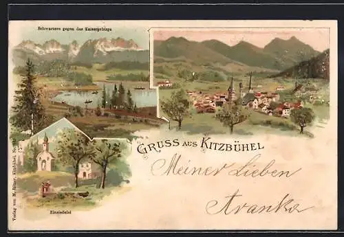 Lithographie Kitzbühel, Schwarzen gegen das Kaisergebirge, Einsiedelei, Teilansicht