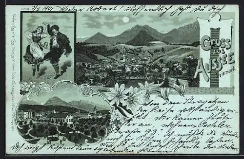 Mondschein-Lithographie Aussee /Steiermark, Ortsansicht mit Bergpanorama, Tanzendes Paar in Tracht