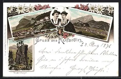 Lithographie Kufstein, Teufelskanzel, Zwei Ortsansichten & Paar in Tracht