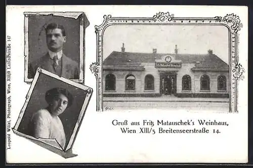 AK Wien, Gaststätte Fritz Matauscheks Weinhaus, Breitenseerstrasse 14, Strassenansicht, Wirtspaar