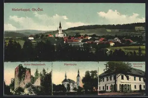 AK Niederkappel /Ob.-Öst., Fr. Amerstorfers Handlung, Ruine Haichenbach, Pfarrkirche