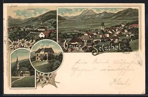 Lithographie Selzthal, Hotel Huber, Kirche, Panorama von Liezen