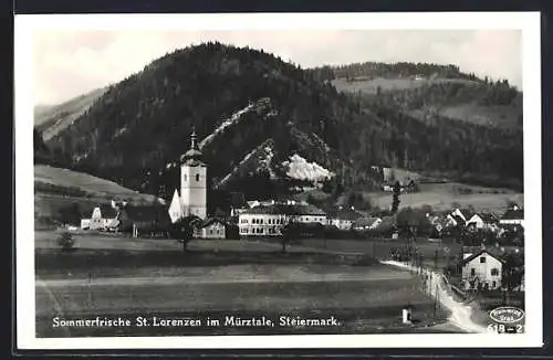 AK St. Lorenzen im Mürztale, Ortspanorama mit Kirche