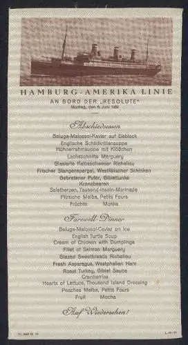 Menükarte Dampfer Resolute 1932, Hamburg-Amerika-Linie, Abschiedsessen / Farewell-Diner, aus Seidenstoff