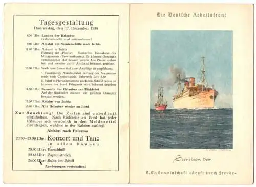 Menükarte Sierra Cordoba 1938, Deutsche Arbeitsfront (DAF), KdF Kraft durch Freude, Italienreise, 