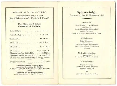 Menükarte Sierra Cordoba 1938, NS-Gemeinschaft Kraft durch Freude KdF, Deutsche Arbeitsfront, Kapitän K. Strauch