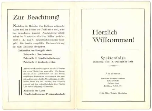 Menükarte Deutsche Arbeitsfront (DAF), 1938, KdF NS-Gemeinschaft Kraft durch Freude, Deckblatt Wilhelm Gustloff