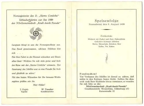 Menükarte KdF Kraft durch Freude 1939, Norwegenreise Sierra Cordoba, Deutsche Arbeitsfront, 