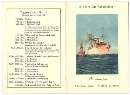 Menükarte Norwegenreise Sierra Cordoba 1939, KdF Kraft durch Freude, Deckblatt Schiff Sierra Cordoba