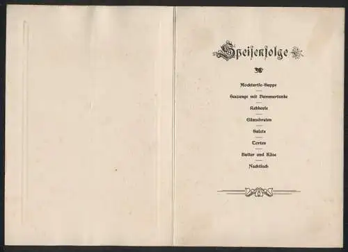 Menükarte 50 jährigen Militär Dienstjubiläum Oberstleutnant Ritter hoher Orden Harder, 1. Garde Landwehr-Rgt., 1904