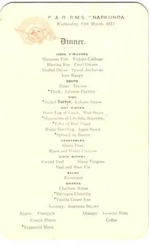 Menükarte 1933, P. & O. RMS Narkunda, Dinner Menu