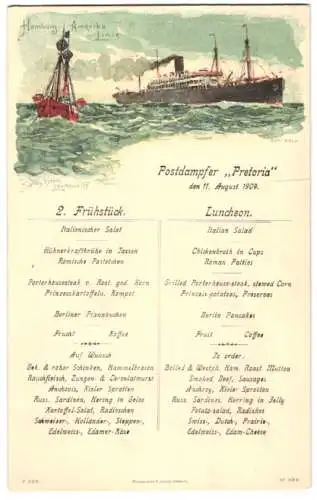 Menükarte 1904 Postdampfer Pretoria, Leuchtschiff Sandy Hook, Hamburg Amerika Linie, 2. Frühstück