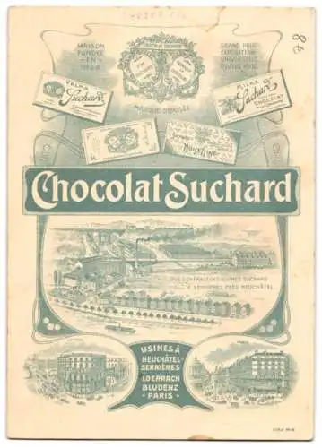 Menükarte Suchard Chocolat, Rückseite mit Blick auf das Werk und Geschäften