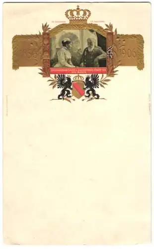 Menükarte Goldene Hochzeit Grossherzogin Louise u. Grossherzog Friedrich von Baden 1856-1906, Wappen geprägt