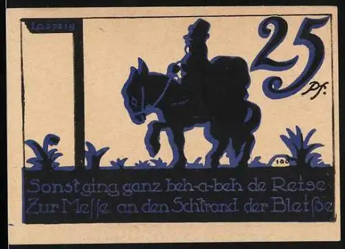 Notgeld Leipzig 1921, 25 Pf, Gutschein der Notgeld-Ausstellung mit Reiter und Denkmalillustration