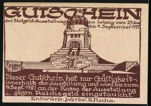 Notgeld Leipzig 1921, 25 Pf, Gutschein der Notgeld-Ausstellung mit Reiter und Denkmalillustration