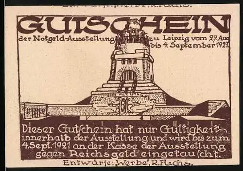 Notgeld Leipzig 1921, 50 Pfennig, Gültig nur innerhalb der Notgeld-Ausstellung bis 4. September 1921