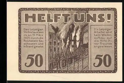 Notgeld Leipzig 1922, 50 Pfennig, Helft uns! und Volkshaus-Gutschein, Leipzig Volksgebäude
