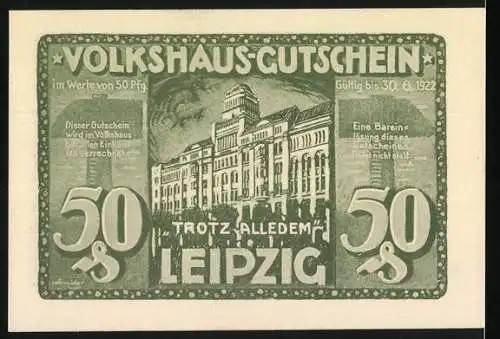 Notgeld Leipzig 1922, 50 Pfennig, Helft uns! und Volkshaus-Gutschein, Leipzig Volksgebäude