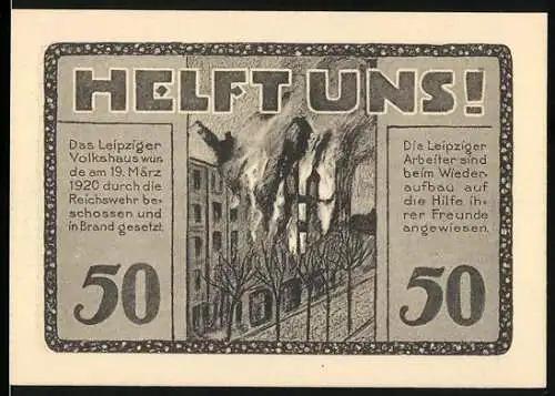 Notgeld Leipzig 1920, 50 Pfennig, Volkshaus in Brand und Wiederaufbau, gültig bis 30.06.1922