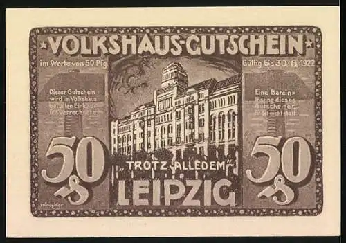 Notgeld Leipzig 1920, 50 Pfennig, Volkshaus in Brand und Wiederaufbau, gültig bis 30.06.1922