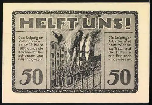 Notgeld Leipzig 1922, 50 Pfennig, Volkshaus mit Aufruf zur Unterstützung nach Brand 1920