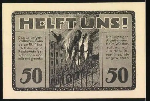 Notgeld Leipzig 1922, 50 Pfennig, Volkshaus-Gutschein mit Gebäudeabbildung und Aufruf zur Unterstützung