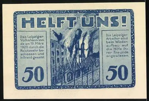 Notgeld Leipzig, 1922, 50 Pfennig, Volkshaus-Gutschein trotz Brandanschlag 1920, Hilfeaufruf Rückseite