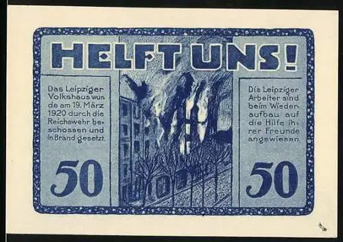 Notgeld Leipzig, 1922, 50 Pfennig, Volkshaus in Brand und Wiederaufbau