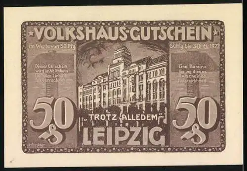 Notgeld Leipzig, 1922, 50 Pfennig, Volkshaus in Brand und Wiederaufbau