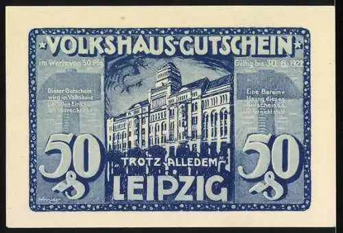 Notgeld Leipzig 1920, 50 Pfennig, Helft Uns! Volkshaus-Gutschein, Leipzig-Arbeiter beim Wiederaufbau, Trotz Alledem!